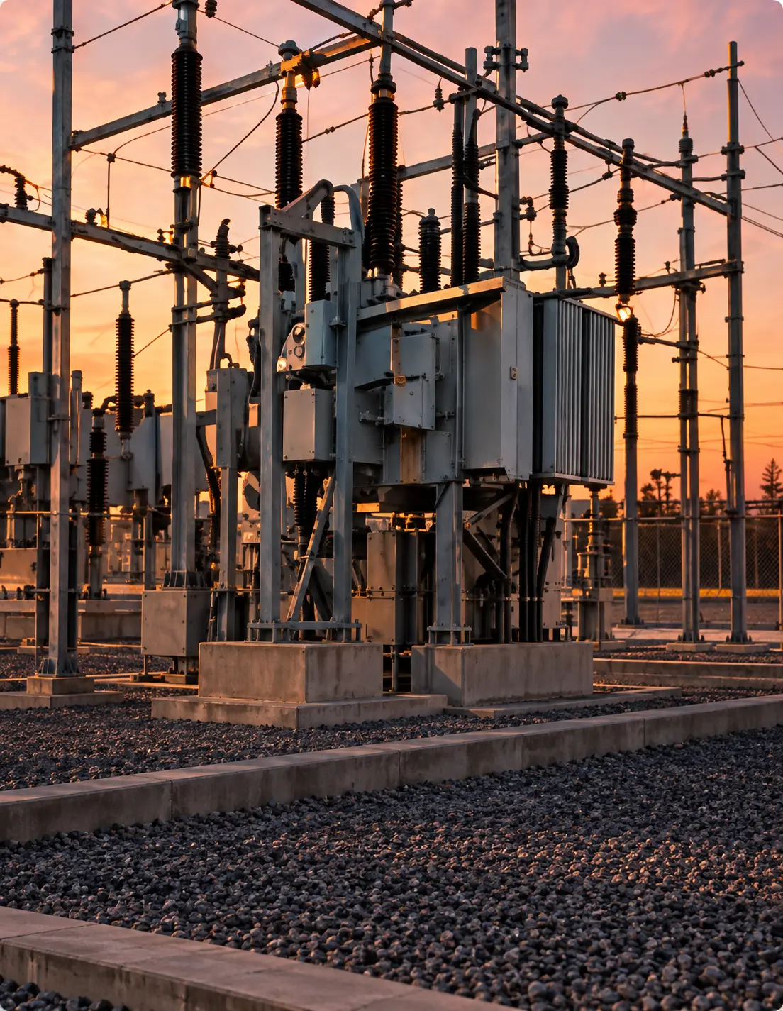 Subestación eléctrica al atardecer